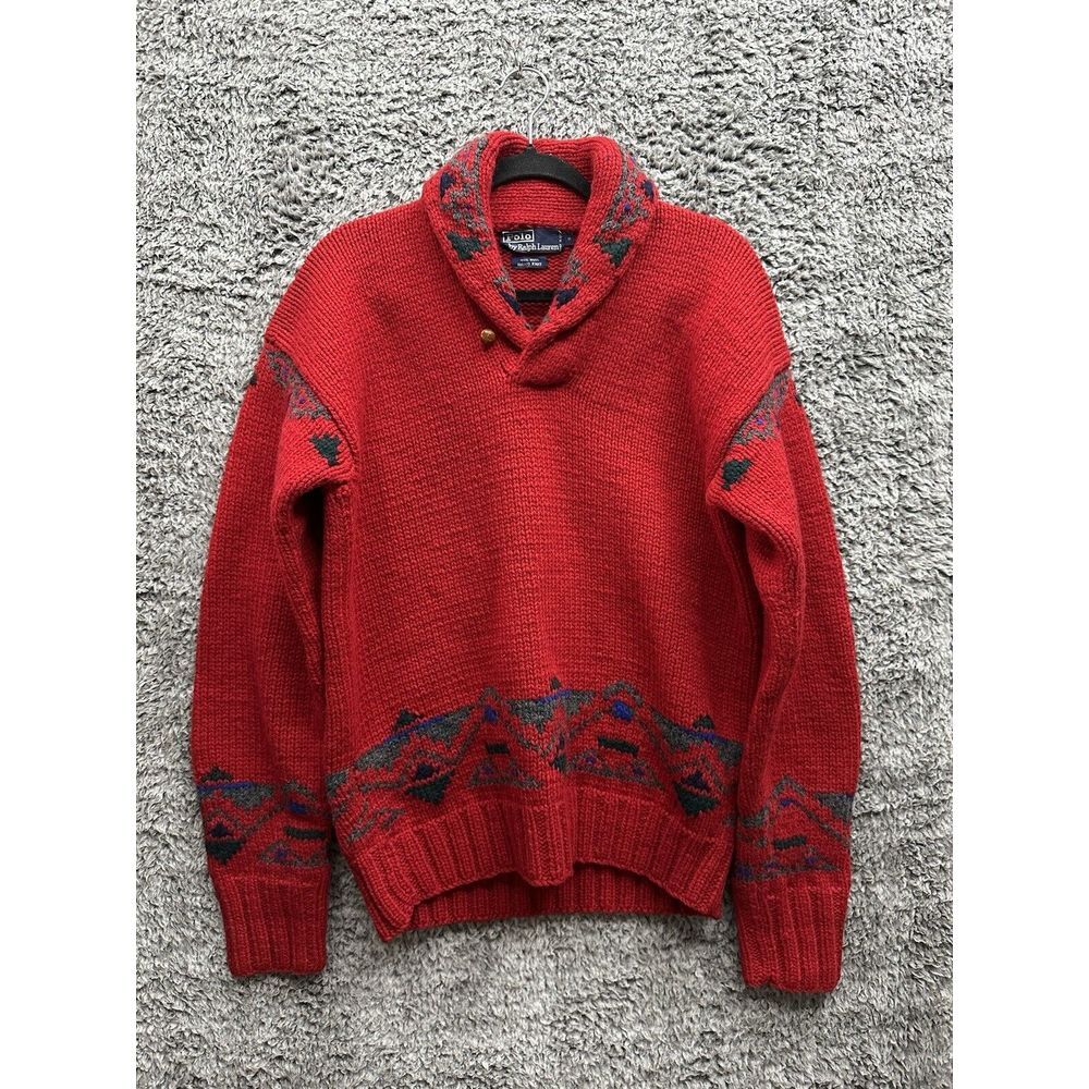 POLO by RALPH LAUREN Size S Red Aztec Grey Knit‎ Wool Shawl Collar Sweater